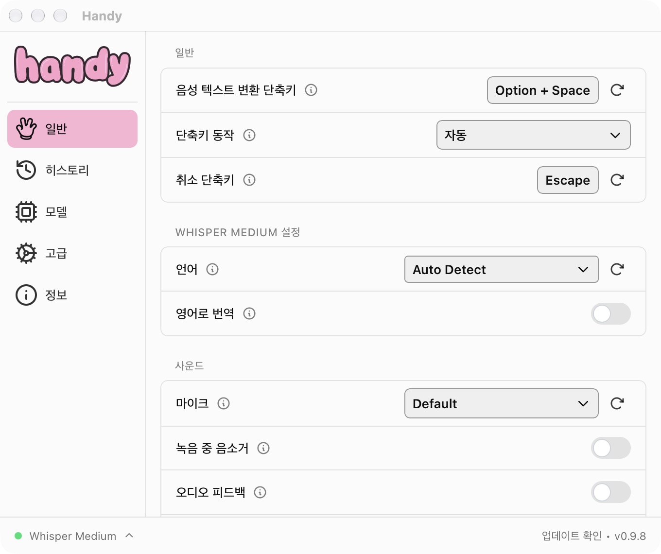 Handy의 일반 설정. Option + Space 단축키와 Whisper Medium의 언어 자동 감지 설정이 보인다.